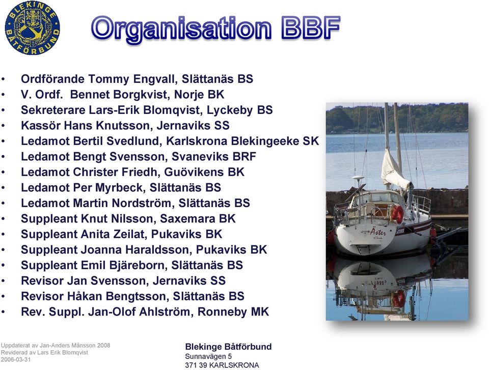 SK Ledamot Bengt Svensson, Svaneviks BRF Ledamot Christer Friedh, Guövikens BK Ledamot Per Myrbeck, Slättanäs BS Ledamot Martin Nordström, Slättanäs BS