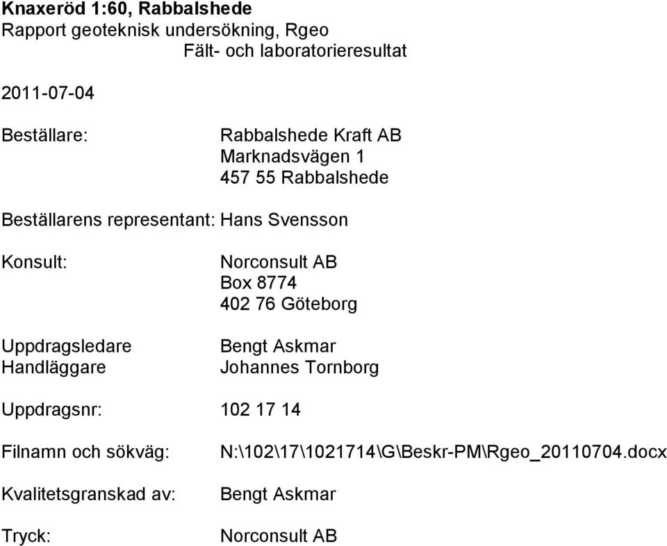 Konsult: Uppdragsledare Handläggare Norconsult AB Box 8774 402 76 Göteborg Bengt Askmar Johannes Tornborg