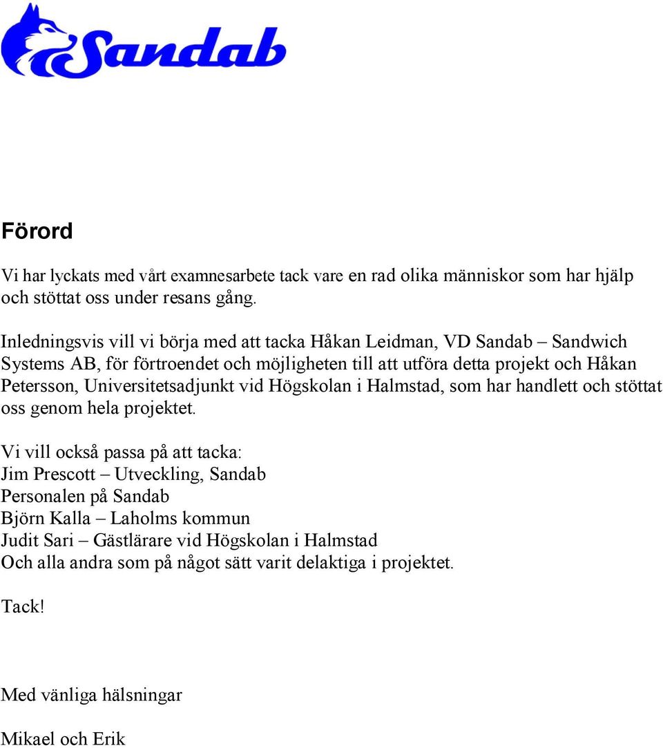 Petersson, Universitetsadjunkt vid Högskolan i Halmstad, som har handlett och stöttat oss genom hela projektet.