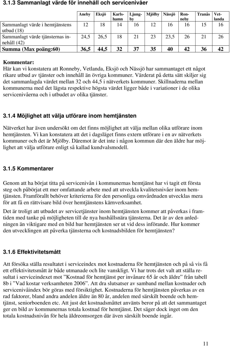 utbud av tjänster och innehåll än övriga kommuner. Värderat på detta sätt skiljer sig det sammanlagda värdet mellan 32 och 44,5 i nätverkets kommuner.