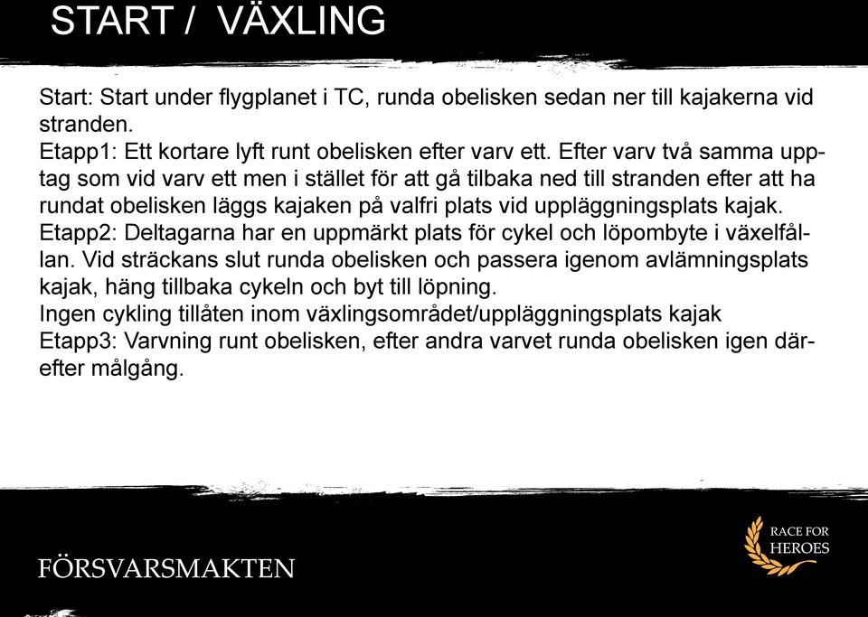 uppläggningsplats kajak. Etapp2: Deltagarna har en uppmärkt plats för cykel och löpombyte i växelfållan.