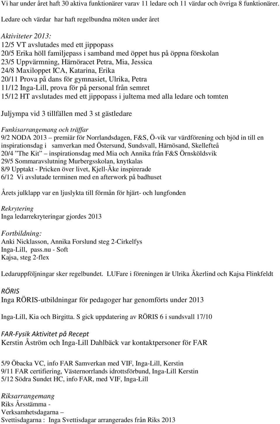 Härnöracet Petra, Mia, Jessica 24/8 Maxiloppet ICA, Katarina, Erika 20/11 Prova på dans för gymnasiet, Ulrika, Petra 11/12 Inga-Lill, prova för på personal från semret 15/12 HT avslutades med ett