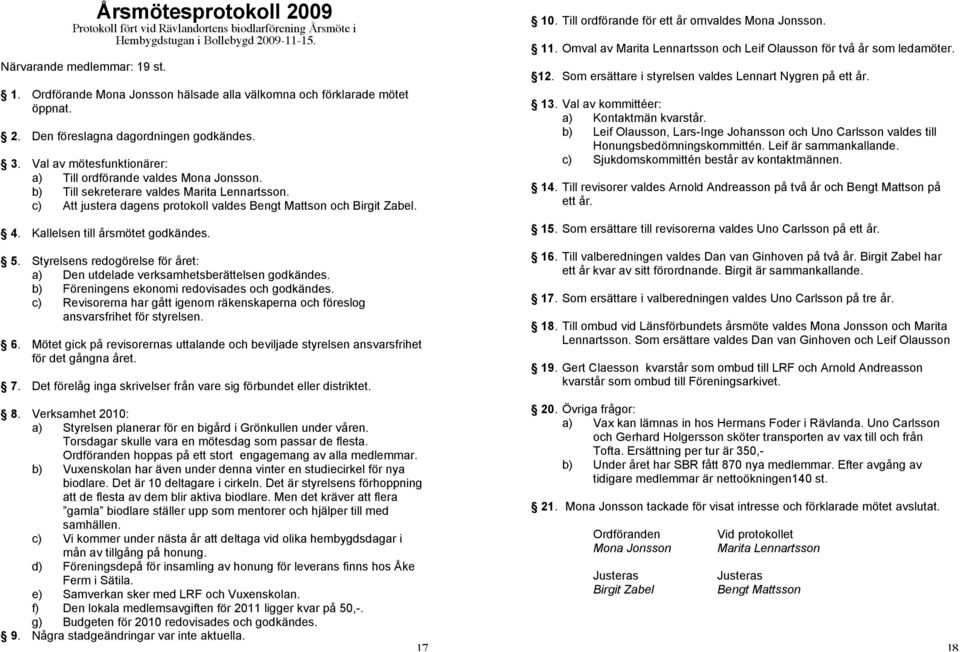 b) Till sekreterare valdes Marita Lennartsson. c) Att justera dagens protokoll valdes Bengt Mattson och Birgit Zabel. 4. Kallelsen till årsmötet godkändes. 5.