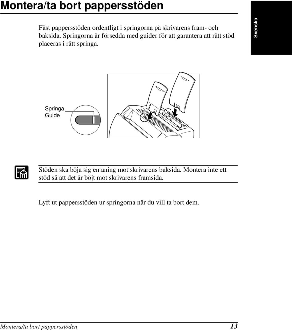 Svenska Springa Guide Stöden ska böja sig en aning mot skrivarens baksida.