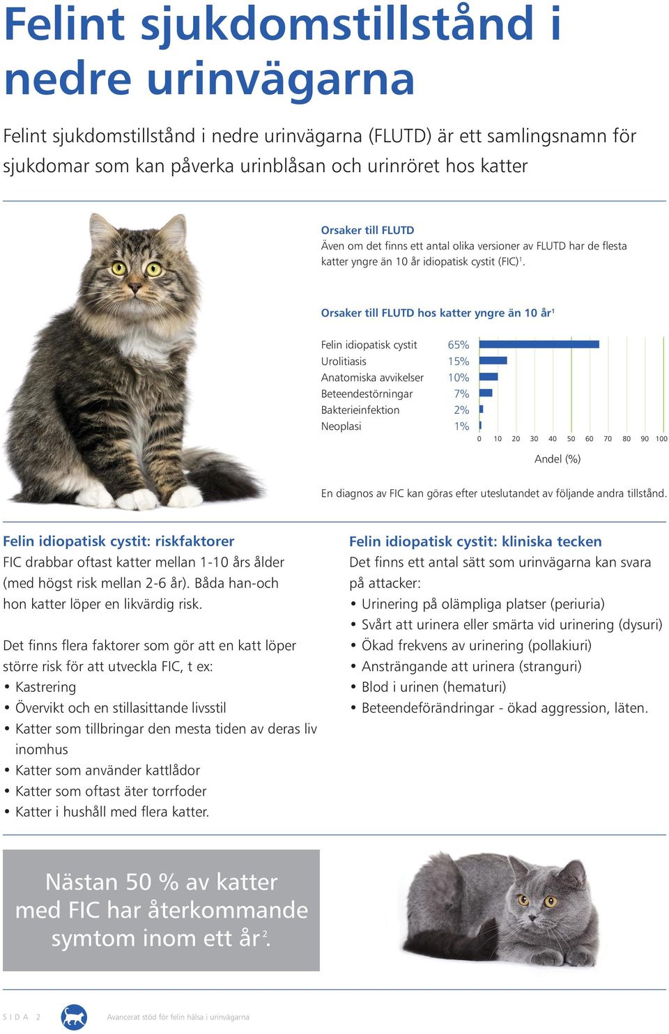 Orsaker till FLUTD hos katter yngre än 10 år 1 Felin idiopatisk cystit 65% Urolitiasis 15% Anatomiska avvikelser 10% Beteendestörningar 7% Bakterieinfektion 2% Neoplasi 1% Andel (%) En diagnos av FIC