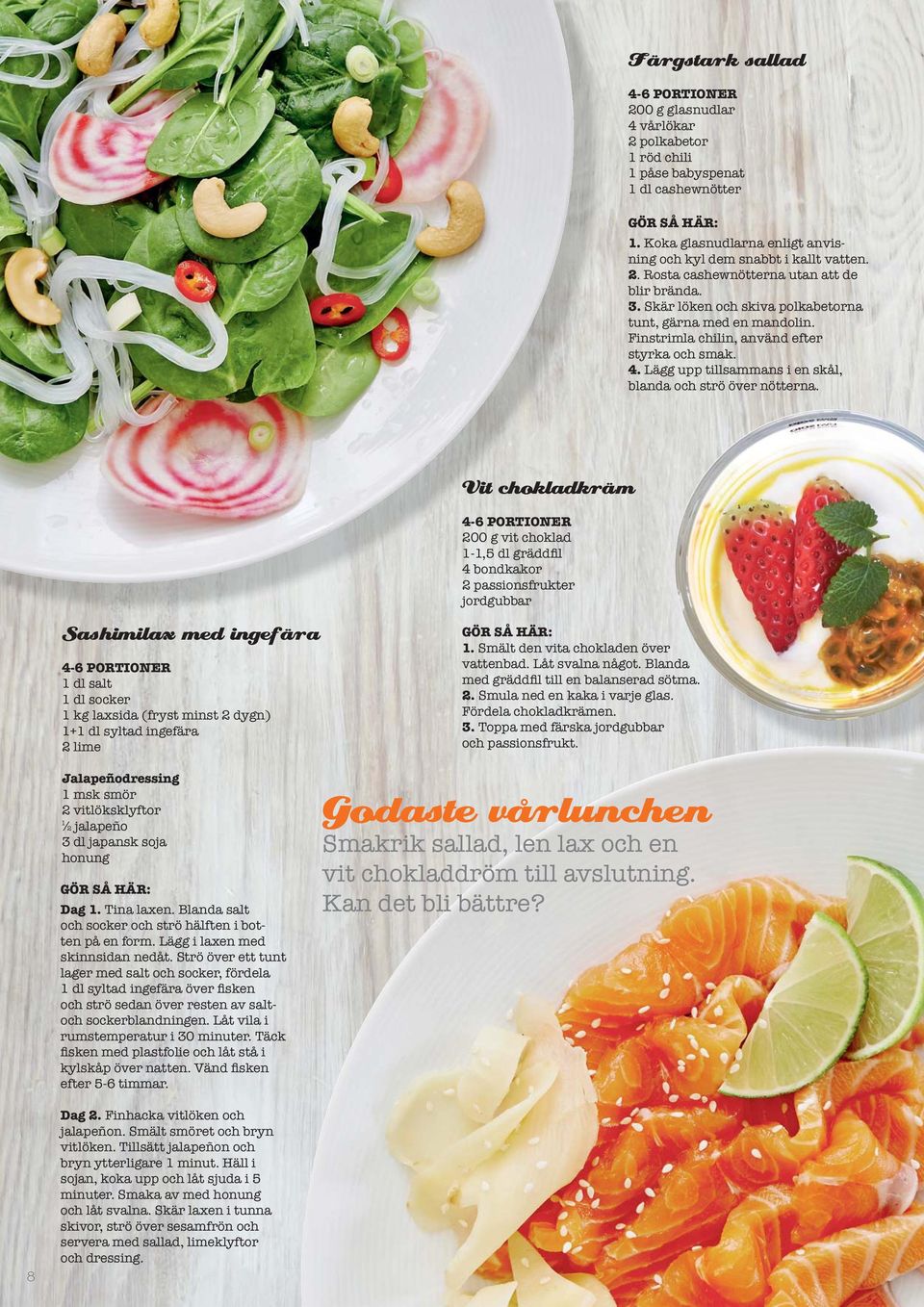 4-6 PORTIONER 200 g vit choklad 4 bondkakor 2 passionsfrukter jordgubbar 4-6 PORTIONER 1 dl salt 1 dl socker 1 kg laxsida (fryst minst 2 dygn) 1+1 dl syltad ingefära 2 lime Jalapeñodressing 1 msk