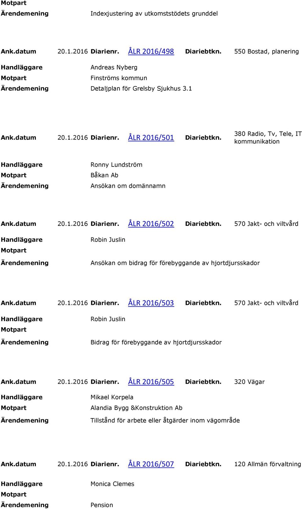 570 Jakt- och viltvård Robin Juslin Ansökan om bidrag för förebyggande av hjortdjursskador Ank.datum 20.1.2016 Diarienr. ÅLR 2016/503 Diariebtkn.