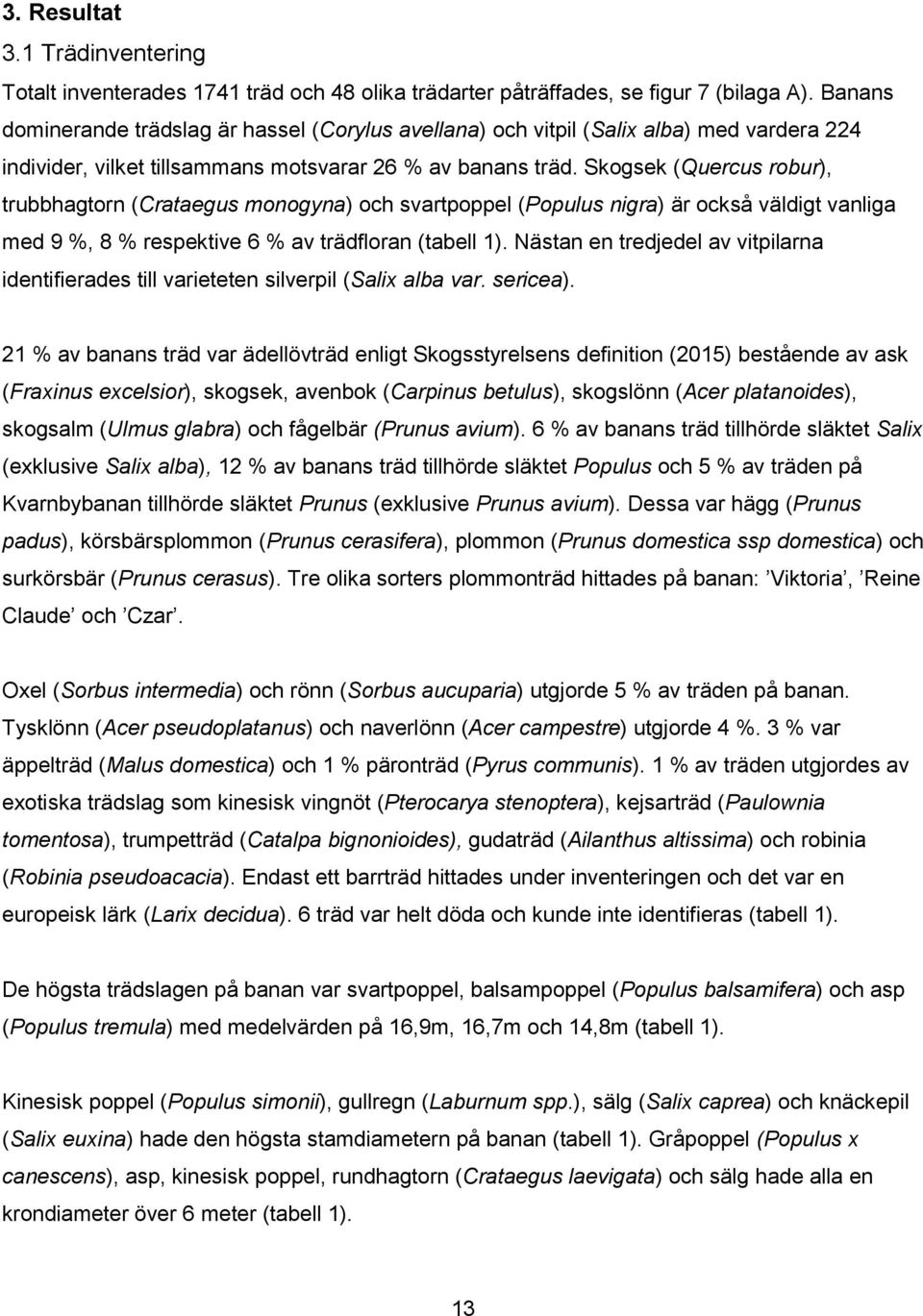 Skogsek (Quercus robur), trubbhagtorn (Crataegus monogyna) och svartpoppel (Populus nigra) är också väldigt vanliga med 9 %, 8 % respektive 6 % av trädfloran (tabell 1).