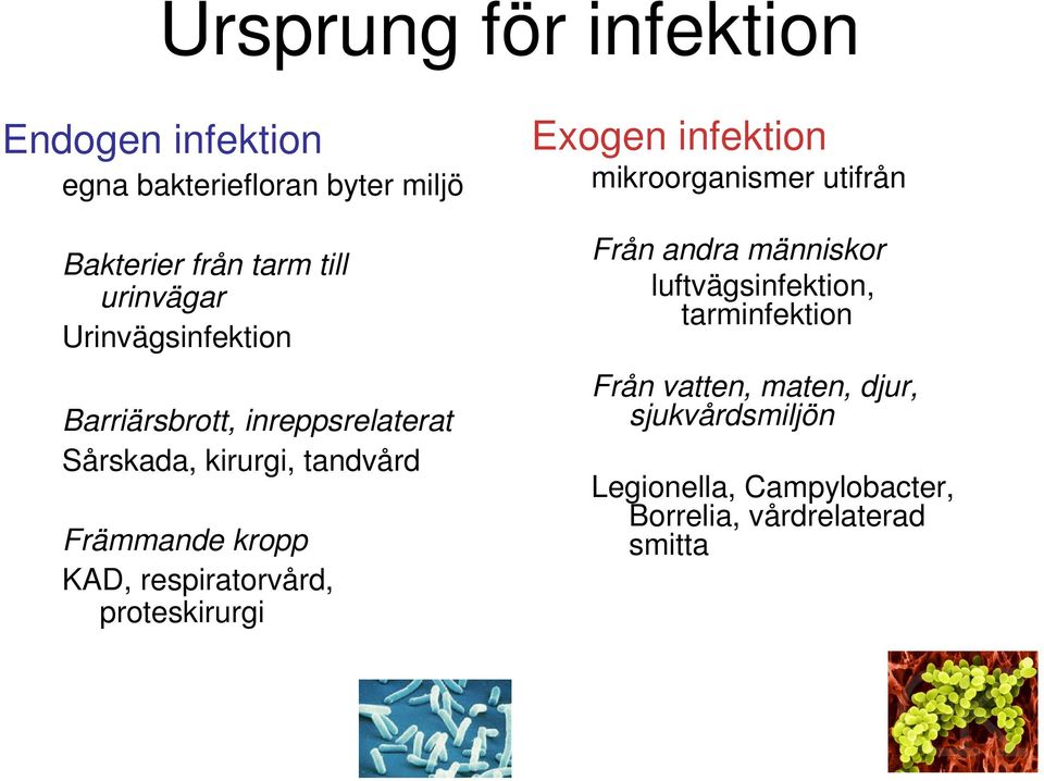 respiratorvård, proteskirurgi Exogen infektion mikroorganismer utifrån Från andra människor