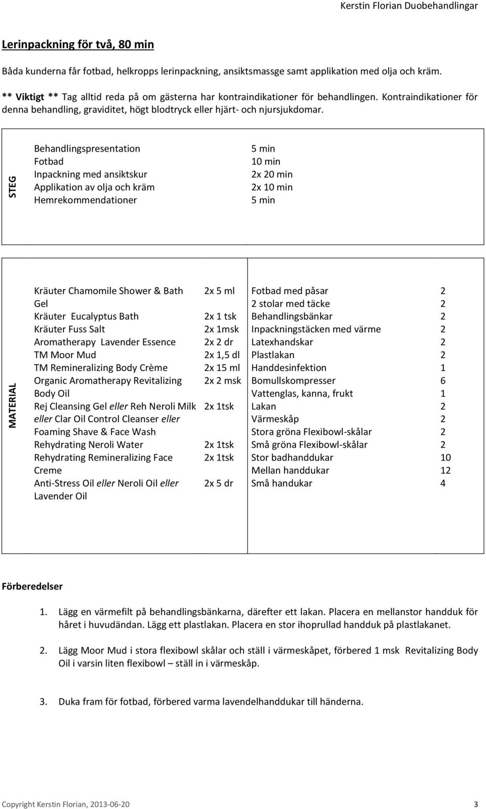 Behandlingspresentation Fotbad Inpackning med ansiktskur Applikation av olja och kräm Hemrekommendationer 0 min x 0 min x 0 min Kräuter Chamomile Shower & Bath Gel Kräuter Eucalyptus Bath Kräuter