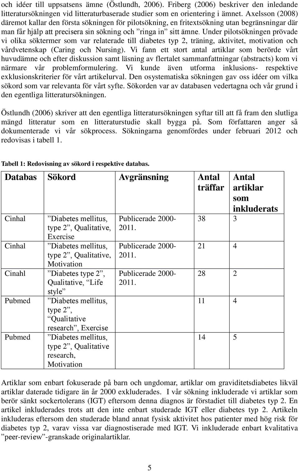 Under pilotsökningen prövade vi olika söktermer som var relaterade till diabetes typ 2, träning, aktivitet, motivation och vårdvetenskap (Caring och Nursing).