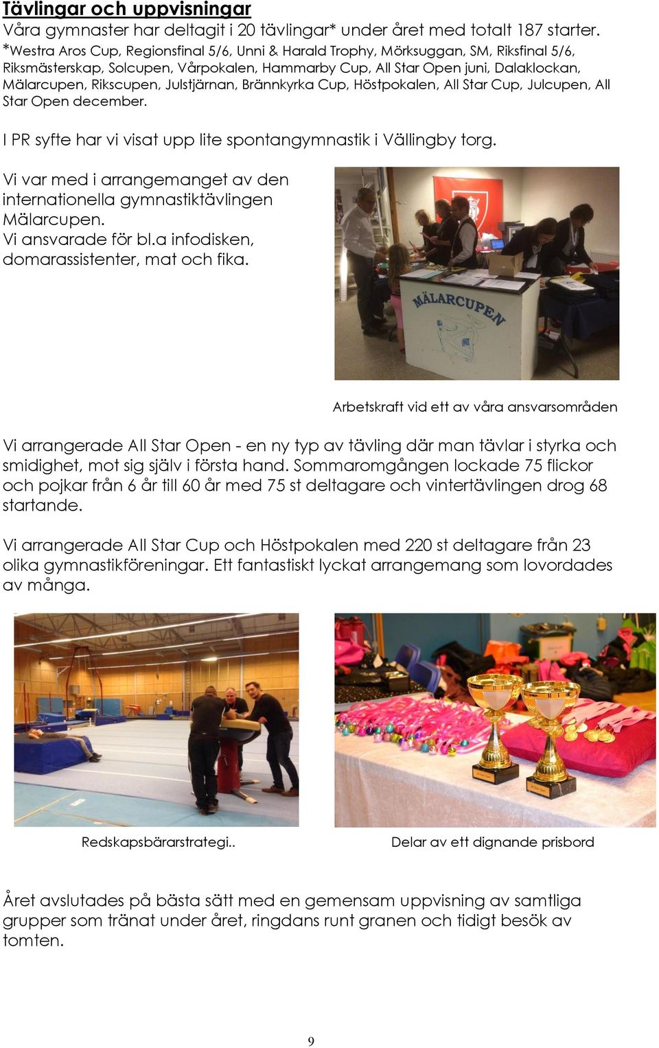 Julstjärnan, Brännkyrka Cup, Höstpokalen, All Star Cup, Julcupen, All Star Open december. I PR syfte har vi visat upp lite spontangymnastik i Vällingby torg.