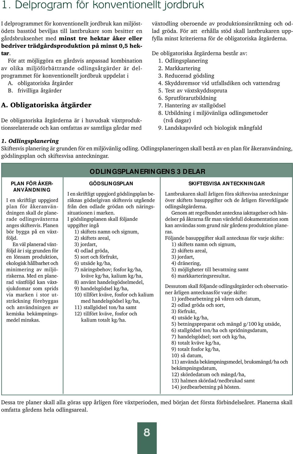 För att möjliggöra en gårdsvis anpassad kombination av olika miljöförbättrande odlingsåtgärder är delprogrammet för konventionellt jordbruk uppdelat i A. obligatoriska åtgärder B.