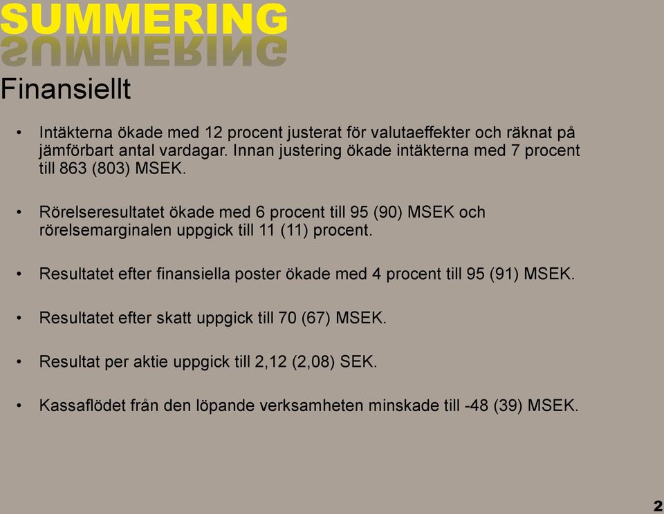 Rörelseresultatet ökade med 6 procent till 95 (90) MSEK och rörelsemarginalen uppgick till 11 (11) procent.