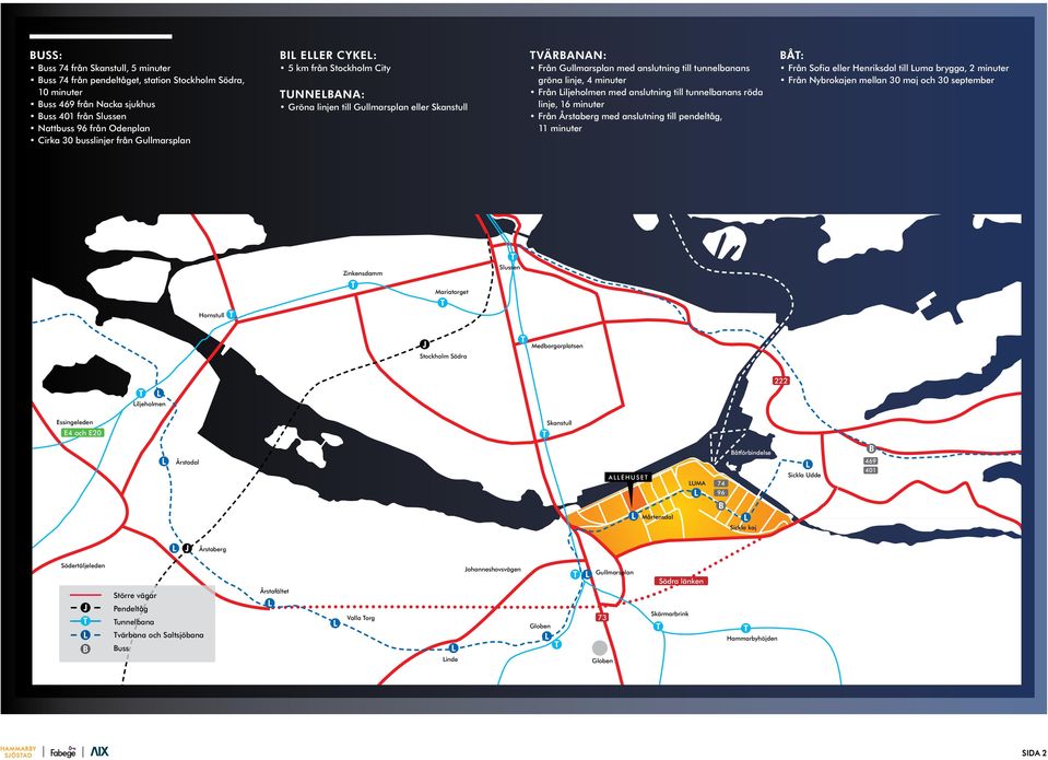 minuter Från iljeholmen med anslutning till tunnelbanans röda linje, 16 minuter Från Årstaberg med anslutning till pendeltåg, 11 minuter Båt: Från Sofia eller Henriksdal till uma brygga, 2 minuter