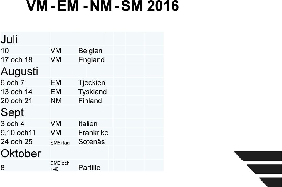 20 och 21 NM Finland Sept 3 och 4 VM Italien 9,10 och11 VM