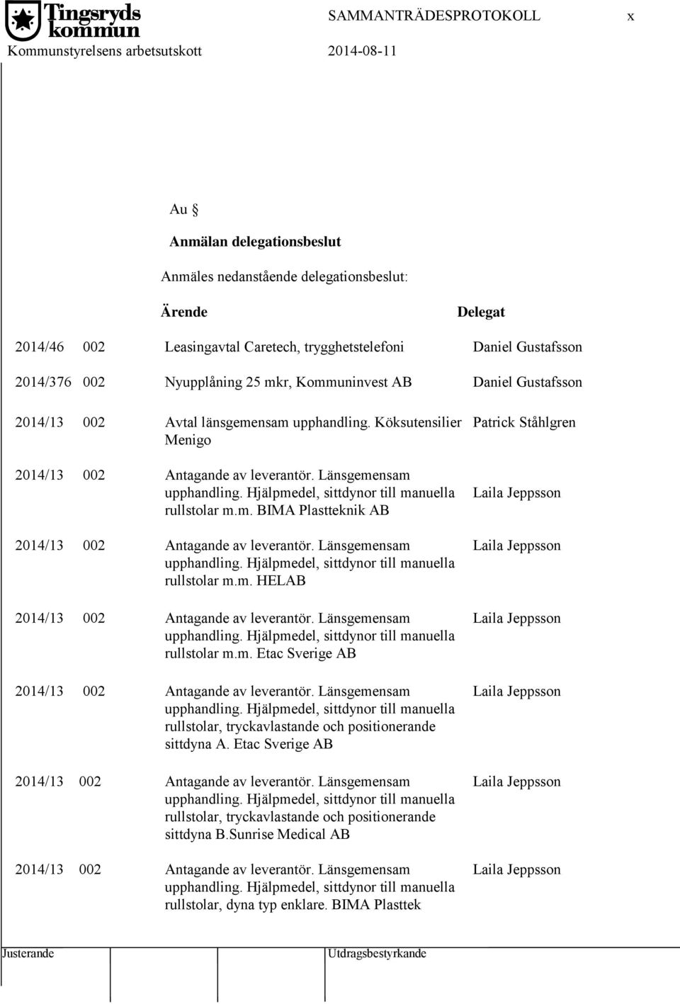 Köksutensilier Menigo 2014/13 002 Antagande av leverantör. Länsgemensam upphandling. Hjälpmedel, sittdynor till manuella rullstolar m.m. BIMA Plastteknik AB 2014/13 002 Antagande av leverantör.