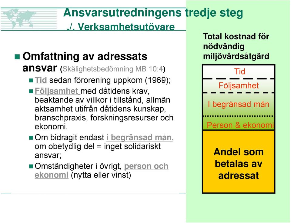 krav, beaktande av villkor i tillstånd, allmän aktsamhet utifrån dåtidens kunskap, branschpraxis, forskningsresurser och ekonomi.