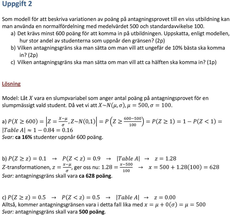 (2p) b) Vilken antagningsgräns ska man sätta om man vill att ungefär de 10% bästa ska komma in? (2p) c) Vilken antagningsgräns ska man sätta om man vill att ca hälften ska komma in?