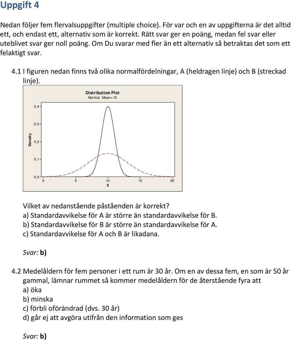 1 I figuren nedan finns två olika normalfördelningar, A (heldragen linje) och B (streckad linje).