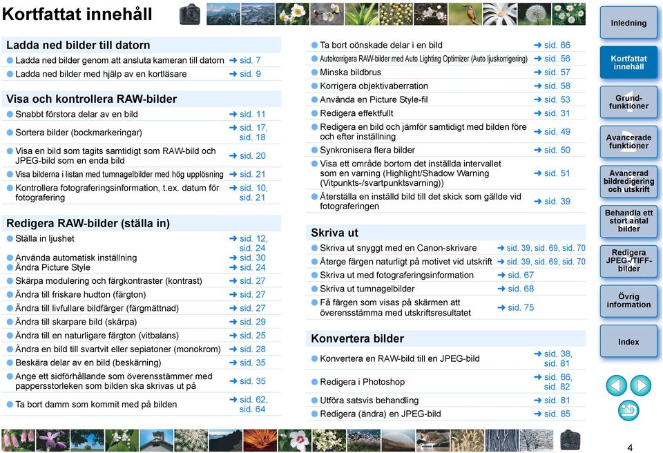 Kontrollera fotograferings, t.ex. datum för fotografering RAW- (ställa in) Ställa in ljushet Använda automatisk inställning Ändra Picture Style sid. 0, sid. sid., sid. sid. 0 sid.