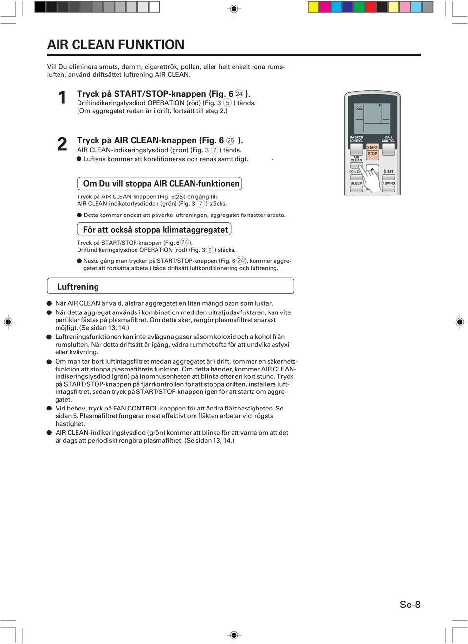 . Om Du vill stoppa AIR CLEAN-funktionen Tryck på AIR CLEAN-knappen (Fig. ) en gång till. AIR CLEAN-indikatorlysdioden (grön) (Fig. ) släcks.