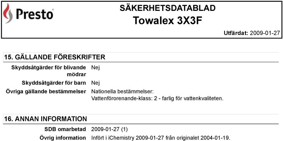 Vattenförorenande-klass: 2 - farlig för vattenkvaliteten. 16.