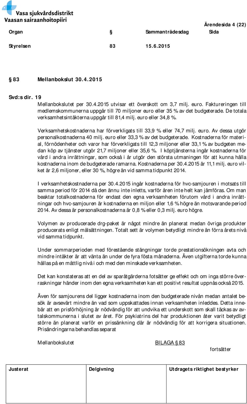 Verksamhetskostnaderna har förverkligats till 33,9 % eller 74,7 milj. euro. Av dessa utgör personalkostnaderna 40 milj. euro eller 33,3 % av det budgeterade.
