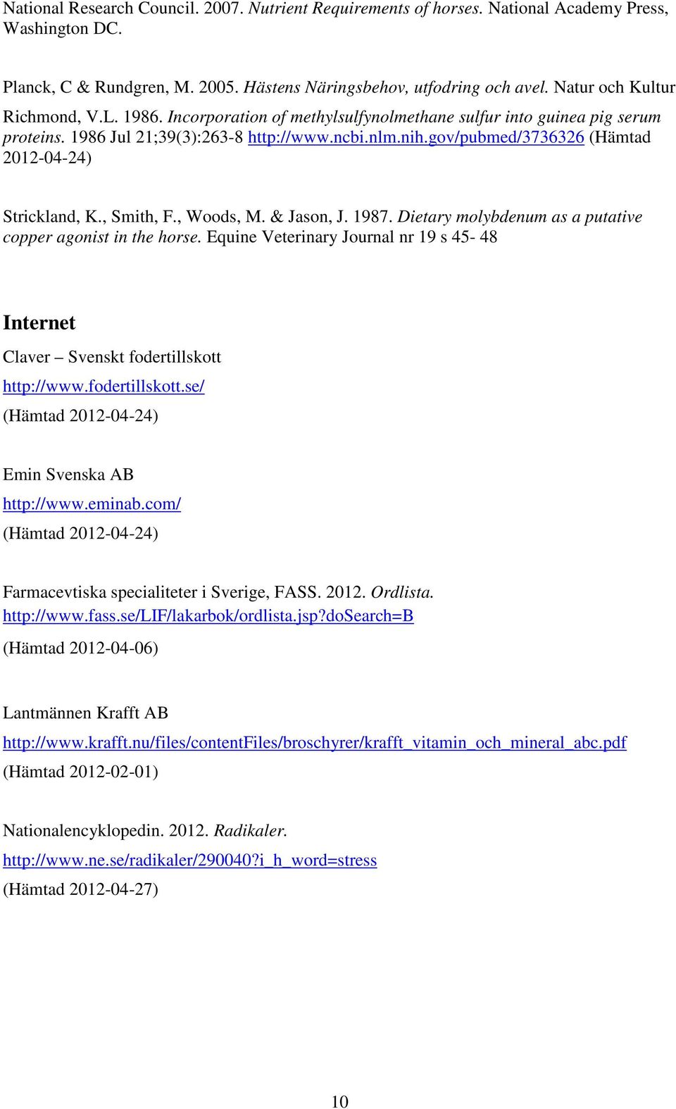 gov/pubmed/3736326 (Hämtad 2012-04-24) Strickland, K., Smith, F., Woods, M. & Jason, J. 1987. Dietary molybdenum as a putative copper agonist in the horse.