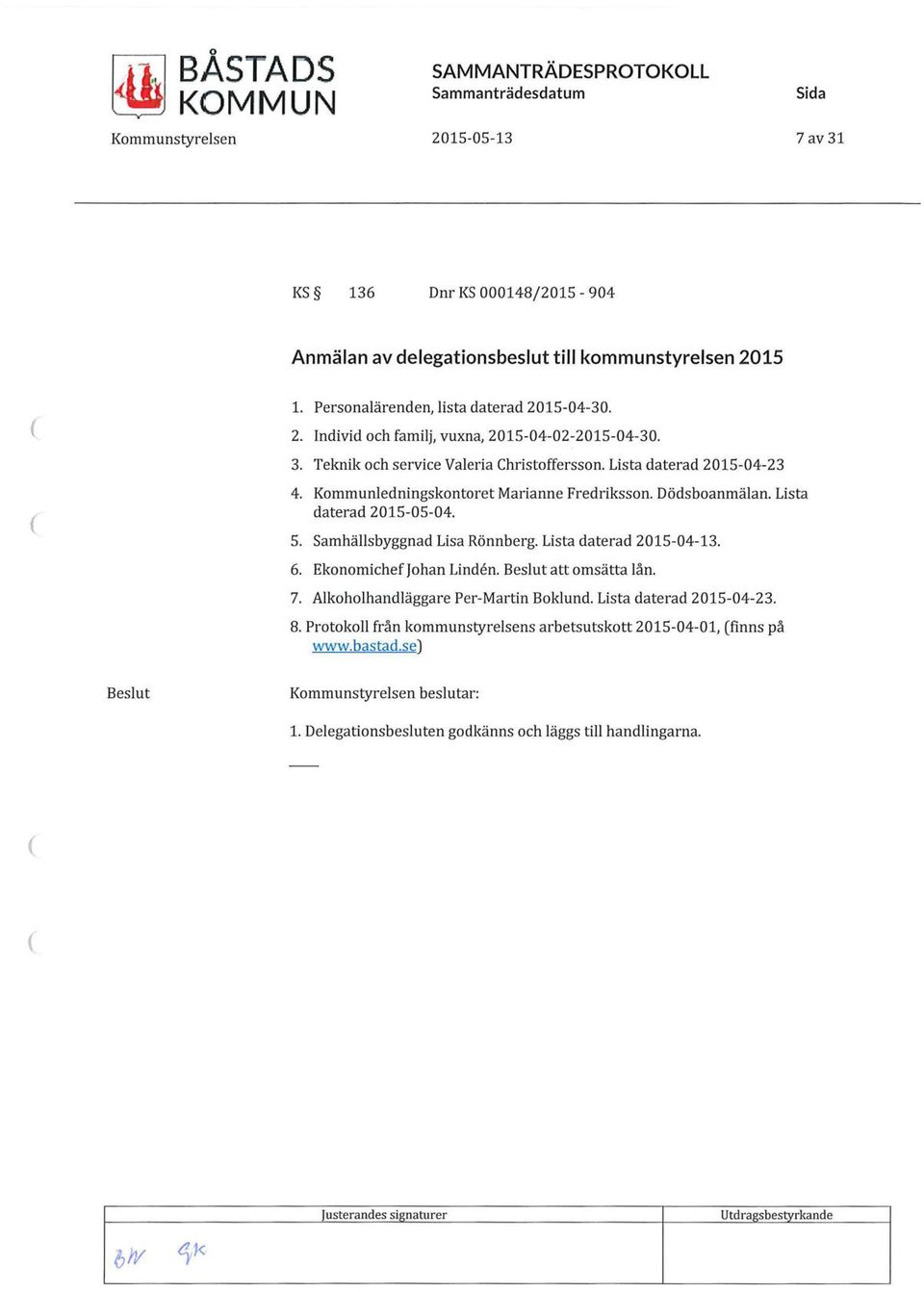 Kommunledningskontoret Marianne Fredriksson. Dödsboanmälan. Lista daterad 2015-05-04. 5. Samhällsbyggnad Lisa Rönnberg. Lista daterad 2015-04-13. 6. Ekonomichef Johan Linden. Beslut att omsätta lån.