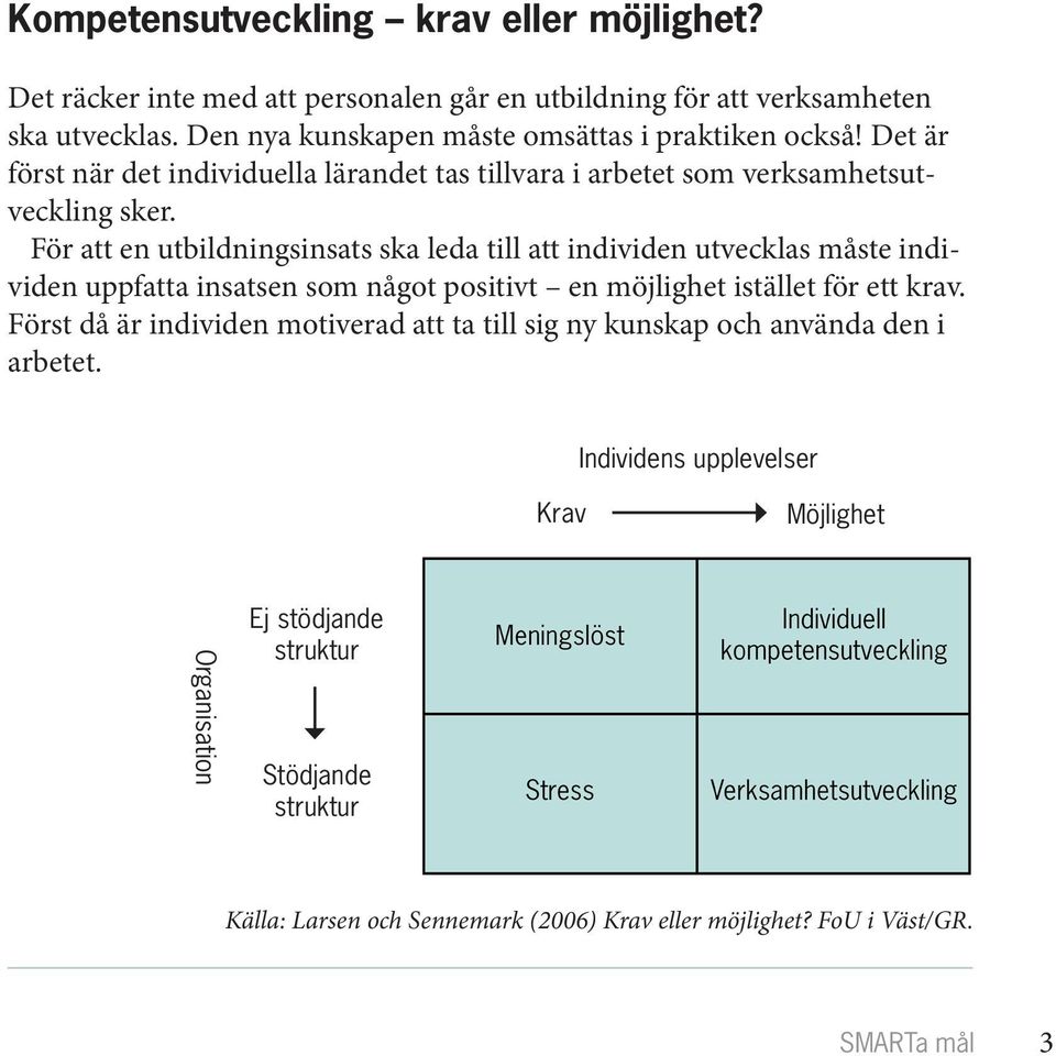 För att en utbildningsinsats ska leda till att individen utvecklas måste individen uppfatta insatsen som något positivt en möjlighet istället för ett krav.