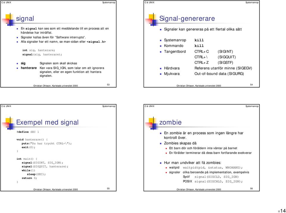 Signal-genererare! Signaler kan genereras på ett flertal olika sätt! kill! Kommando kill! Tangentbord CTRL+C (SIGINT) CTRL+\ (SIGQUIT) CTRL+Z (SIGSTF)! Hårdvara Referens utanför minne (SIGEGV)!