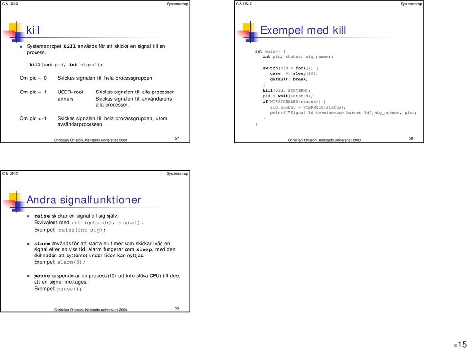 Om pid <-1 Skickas signalen till hela processgruppen, utom avsändarprocessen Exempel med kill int pid, status, sig_nummer; switch(pid = fork()) { case 0: sleep(10); default: break; kill(pid,