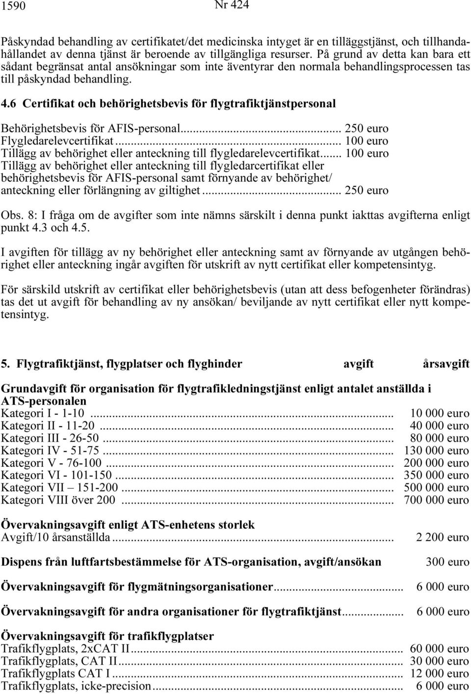 6 Certifikat och behörighetsbevis för flygtrafiktjänstpersonal Behörighetsbevis för AFIS-personal... 250 euro Flygledarelevcertifikat.