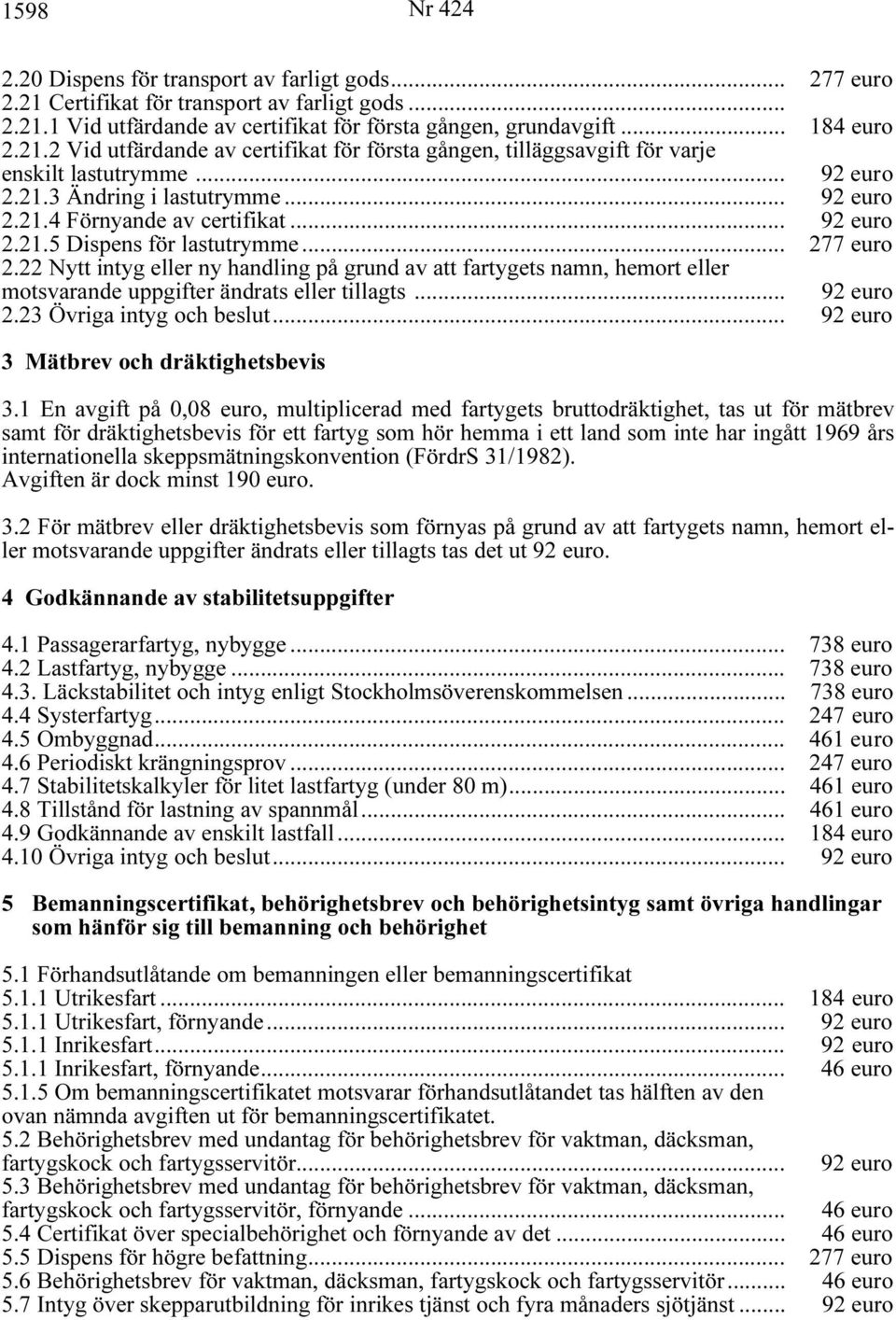 22 Nytt intyg eller ny handling på grund av att fartygets namn, hemort eller motsvarande uppgifter ändrats eller tillagts... 92 euro 2.23 Övriga intyg och beslut.