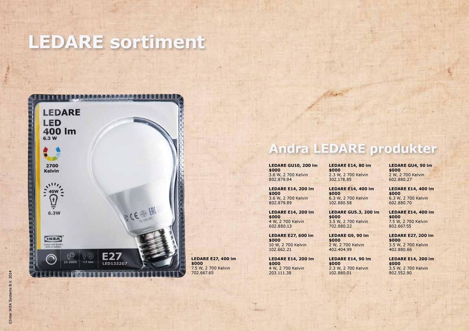 3, 200 lm 3.5 W, 2 700 Kelvin 702.880.22 LEDARE E14, 400 lm 7.5 W, 2 700 Kelvin 802.667.55 LEDARE E27, 600 lm 10 W, 2 700 Kelvin 102.662.21 LEDARE G9, 90 lm 2 W, 2 700 Kelvin 402.404.