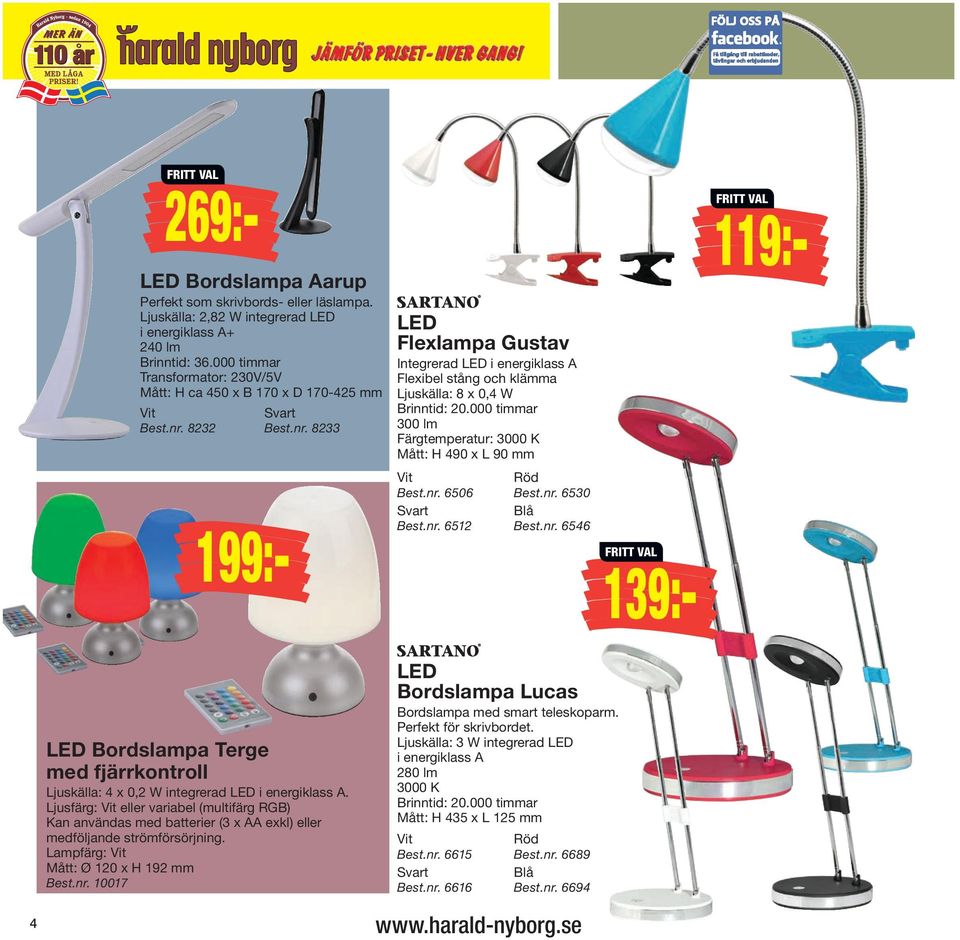 8232 139:- 199:- Best.nr. 8233 LED Flexlampa Gustav Integrerad LED i energiklass A Flexibel stång och klämma Ljuskälla: 8 x 0,4 W Brinntid: 20.