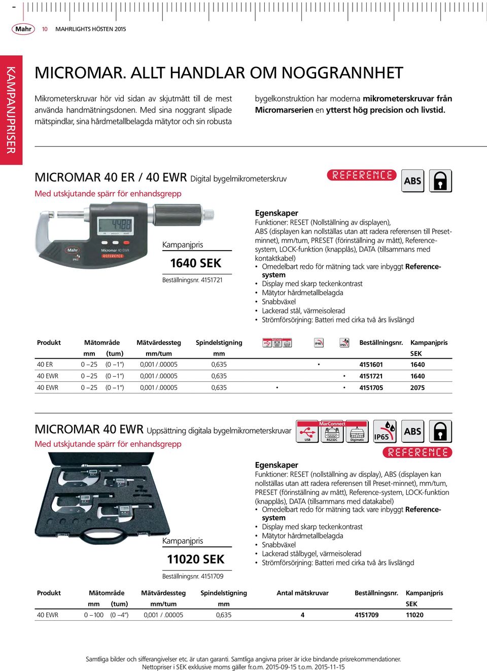 MICROMAR 40 ER / 40 EWR Digital bygelmikrometerskruv Med utskjutande spärr för enhandsgrepp ABS 1640 SEK Beställningsnr.