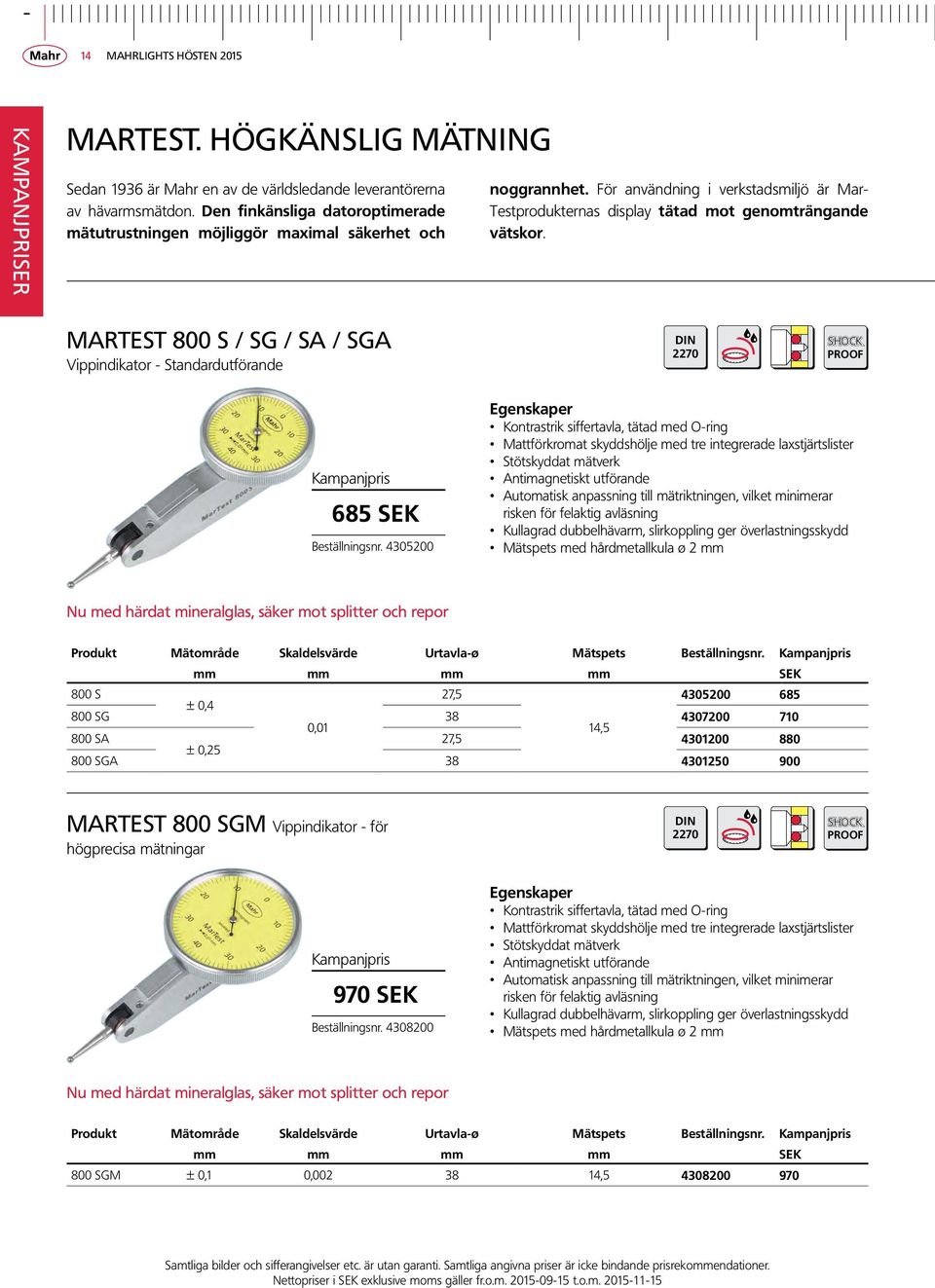 MartEST 800 S / SG / Sa / SGA Vippindikator - Standardutförande DIN 2270 SHOCK PROOF 685 SEK Beställningsnr.