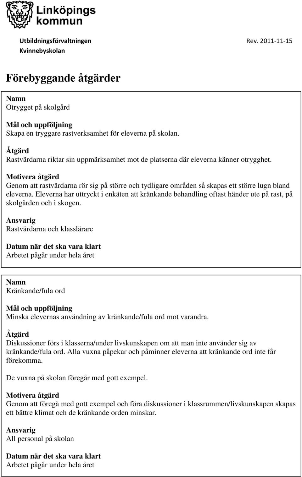 Eleverna har uttryckt i enkäten att kränkande behandling oftast händer ute på rast, på skolgården och i skogen.