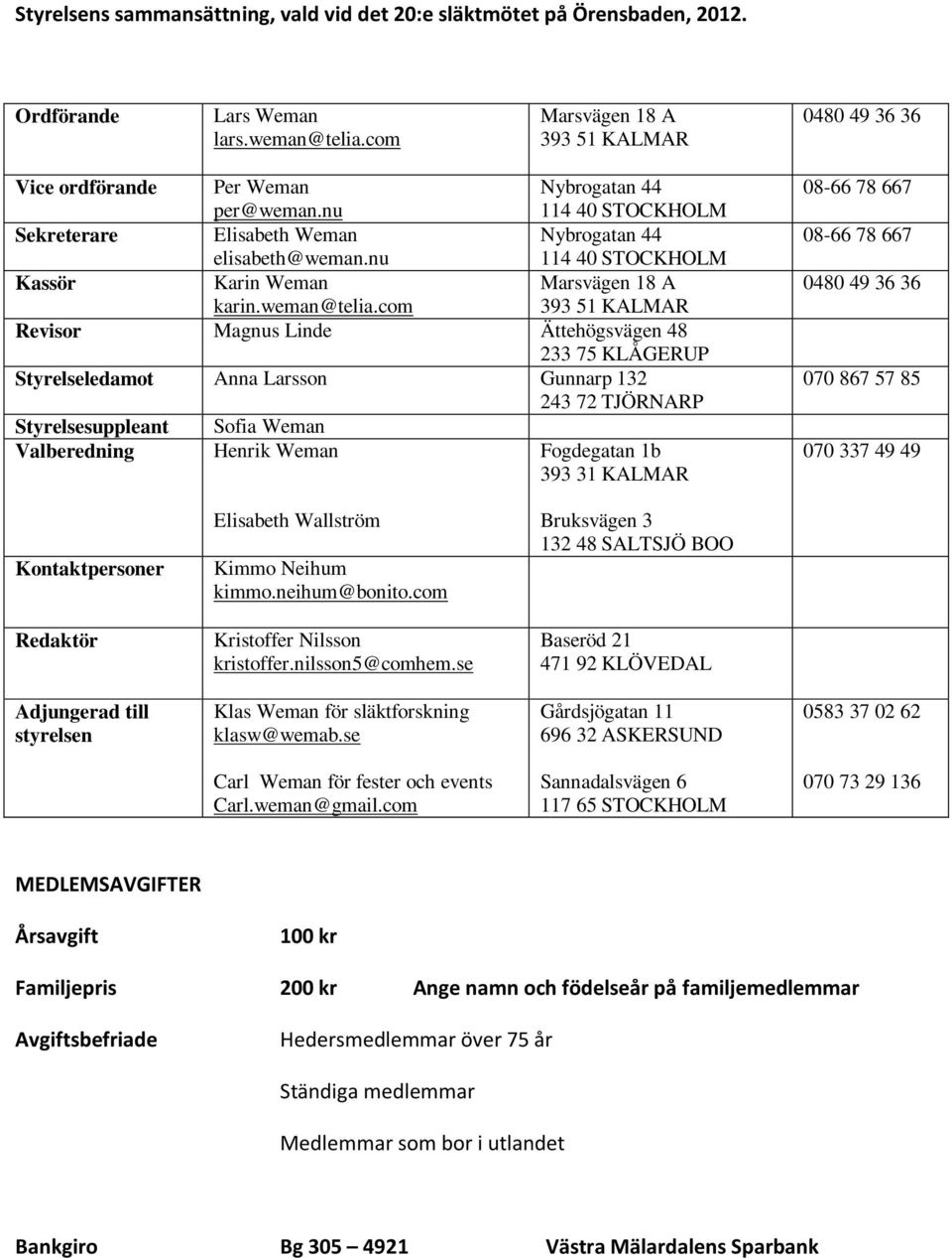 com 393 51 KALMAR Revisor Magnus Linde Ättehögsvägen 48 233 75 KLÅGERUP Styrelseledamot Anna Larsson Gunnarp 132 243 72 TJÖRNARP Styrelsesuppleant Sofia Weman Valberedning Henrik Weman Fogdegatan 1b