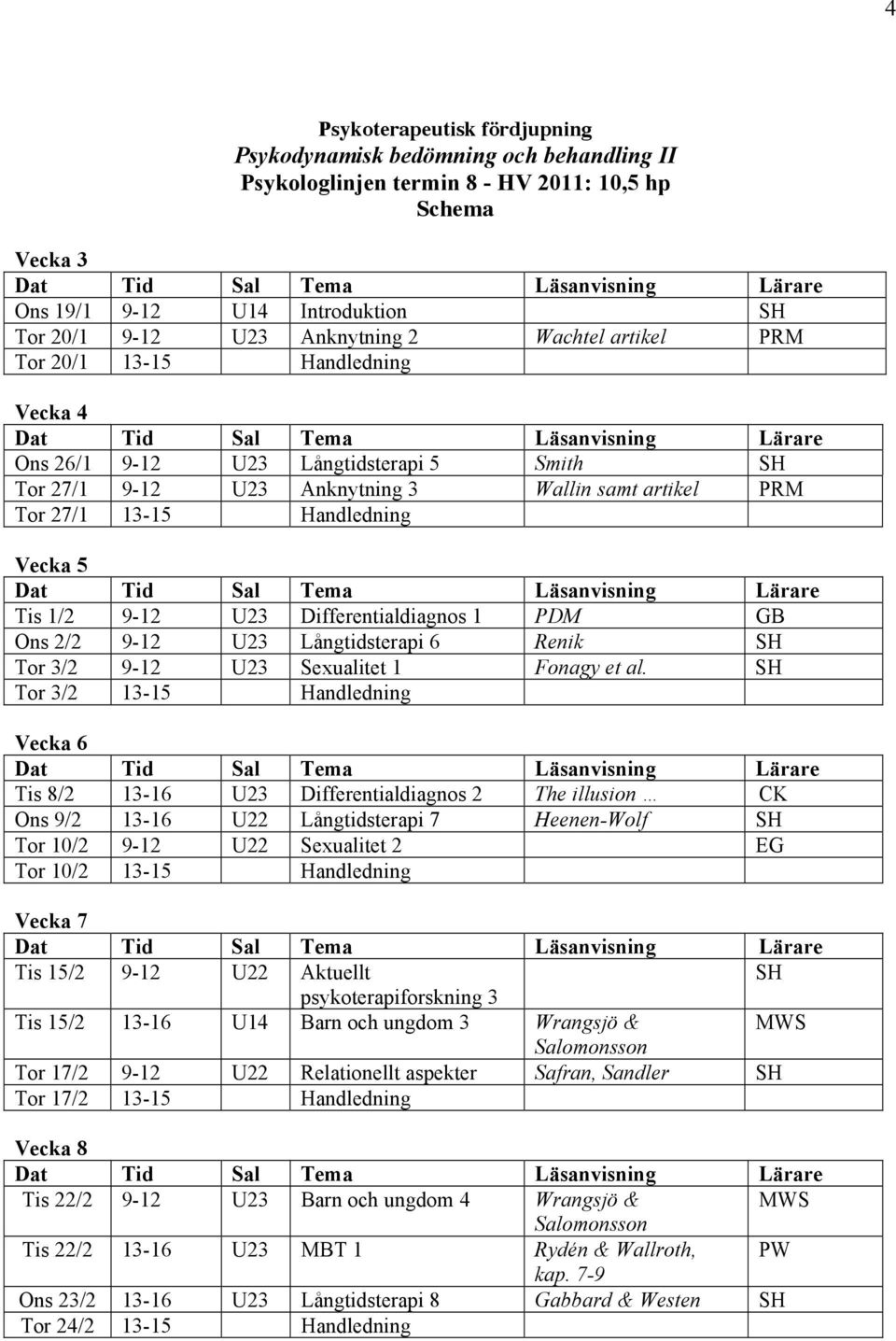 9-12 U23 Differentialdiagnos 1 PDM GB Ons 2/2 9-12 U23 Långtidsterapi 6 Renik SH Tor 3/2 9-12 U23 Sexualitet 1 Fonagy et al.