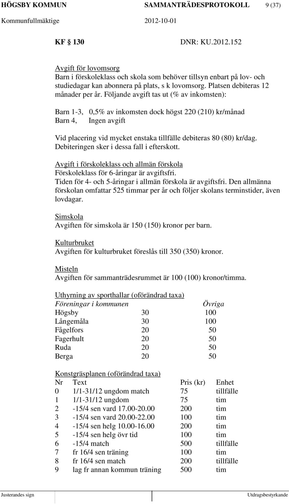 Följande avgift tas ut (% av inkomsten): Barn 1-3, 0,5% av inkomsten dock högst 220 (210) kr/månad Barn 4, Ingen avgift Vid placering vid mycket enstaka tillfälle debiteras 80 (80) kr/dag.