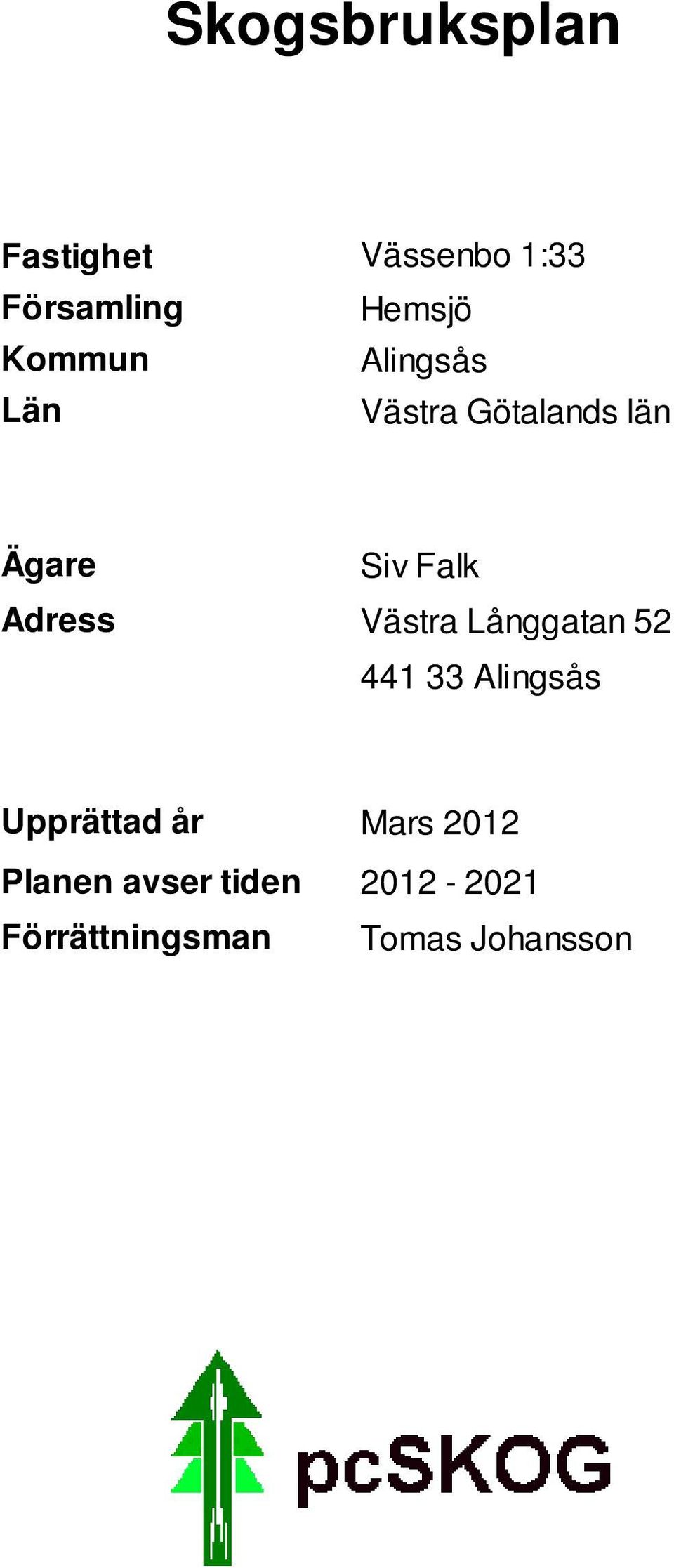 Västra Långgatan 52 441 33 Alingsås Upprättad år Planen