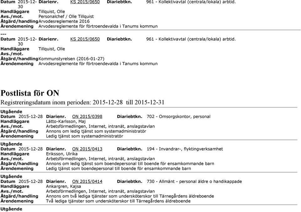 Arvodesreglemente för förtroendevalda i Tanums kommun Postlista för ON Registreringsdatum inom perioden: 2015-12- till 2015-12-31 tgående Datum 2015-12- Diarienr. ON 2015/0398 Diariebtkn.