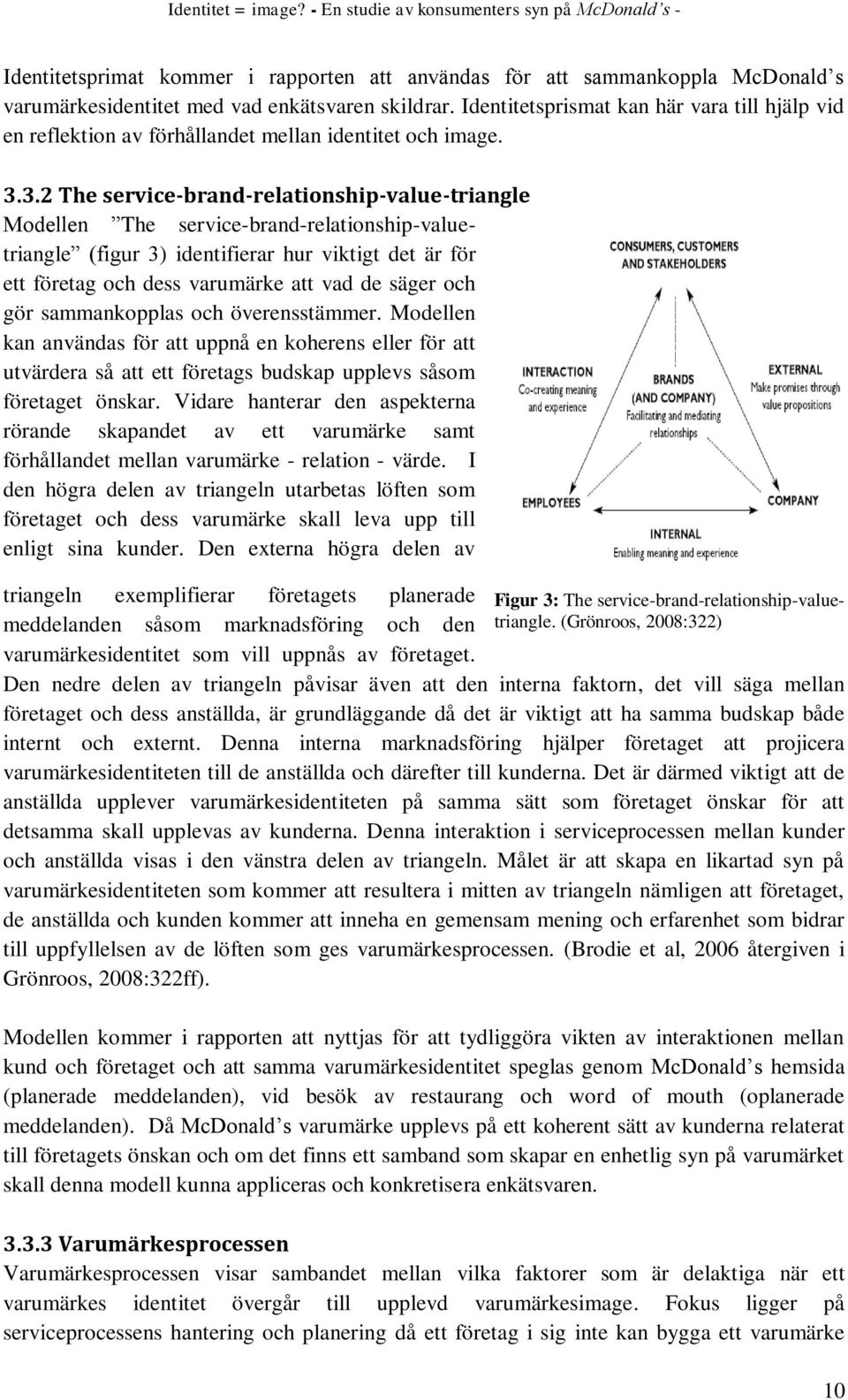 3.2 The service-brand-relationship-value-triangle Modellen The service-brand-relationship-valuetriangle (figur 3) identifierar hur viktigt det är för ett företag och dess varumärke att vad de säger