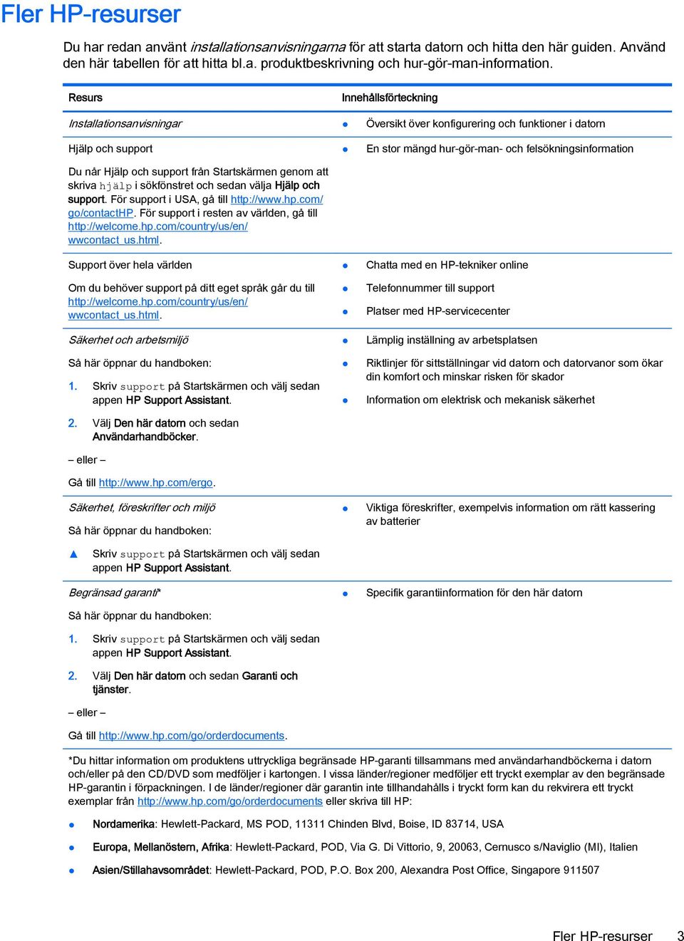 sökfönstret och sedan välja Hjälp och support. För support i USA, gå till http://www.hp.com/ go/contacthp. För support i resten av världen, gå till http://welcome.hp.com/country/us/en/ wwcontact_us.