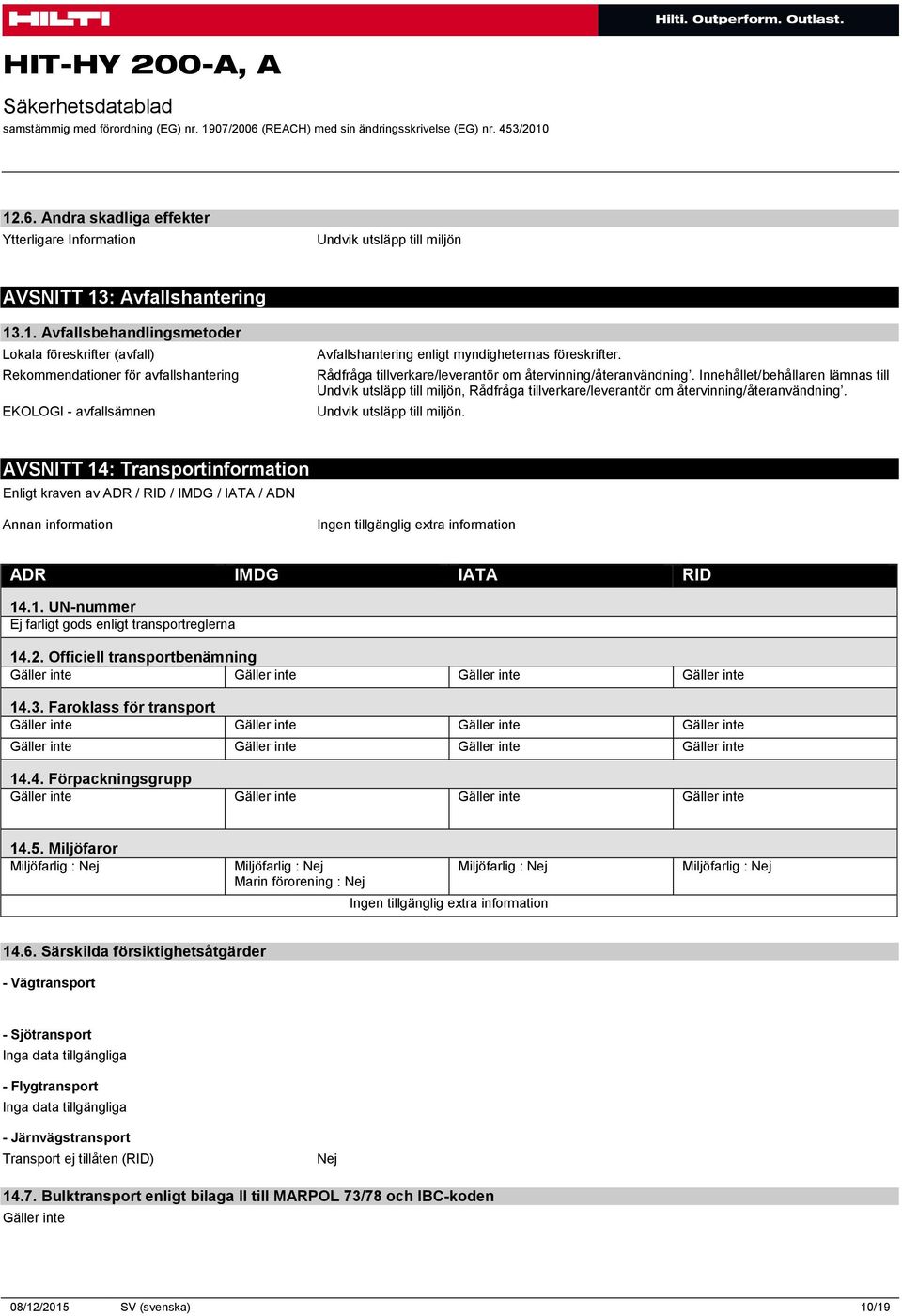 Undvik utsläpp till miljön. AVSNITT 14: Transportinformation Enligt kraven av ADR / RID / IMDG / IATA / ADN Annan information ADR IMDG IATA RID 14.1. UN-nummer Ej farligt gods enligt transportreglerna 14.