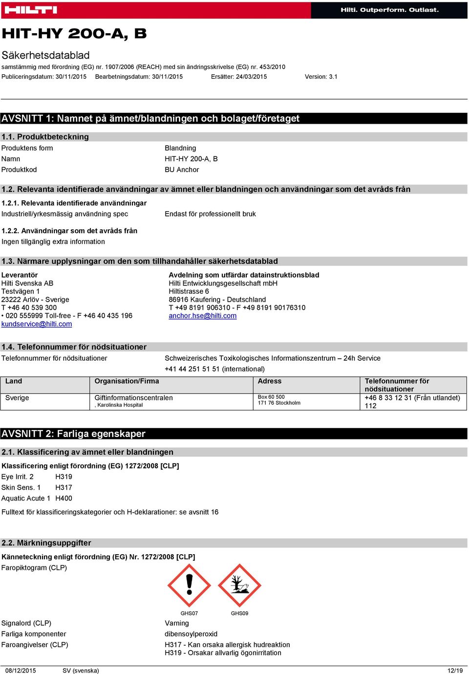 2.1. Relevanta identifierade användningar Industriell/yrkesmässig användning spec Endast för professionellt bruk 1.2.2. Användningar som det avråds från 1.3.