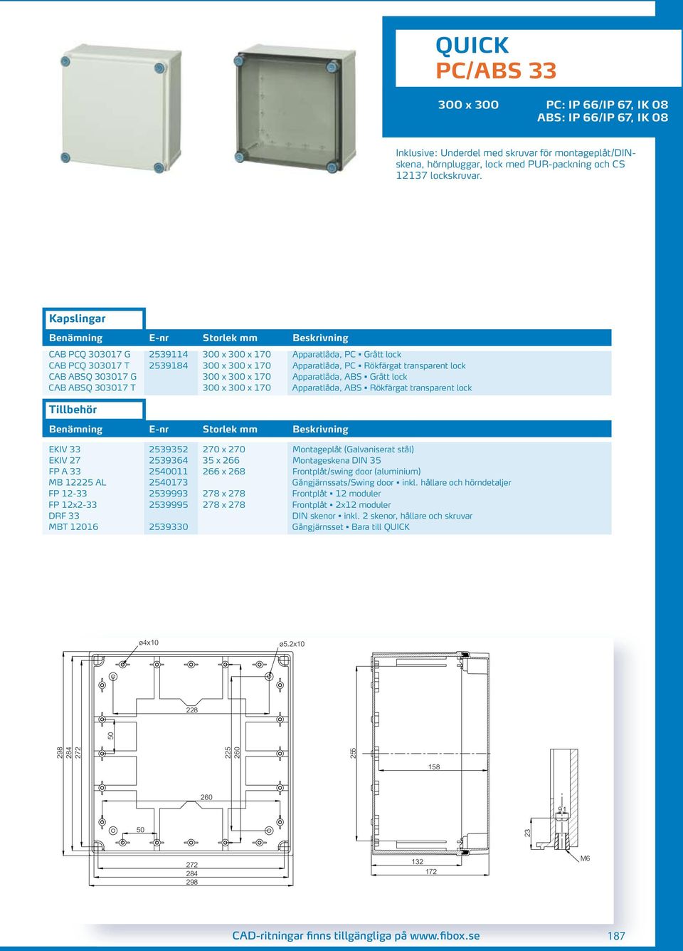 ABS Grått lock CAB ABSQ 303017 T 300 x 300 x 170 Apparatlåda, ABS Rökfärgat transparent lock EKIV 33 2539352 270 x 270 Montageplåt (Galvaniserat stål) EKIV 27 2539364 35 x 266 Montageskena DIN 35 FP